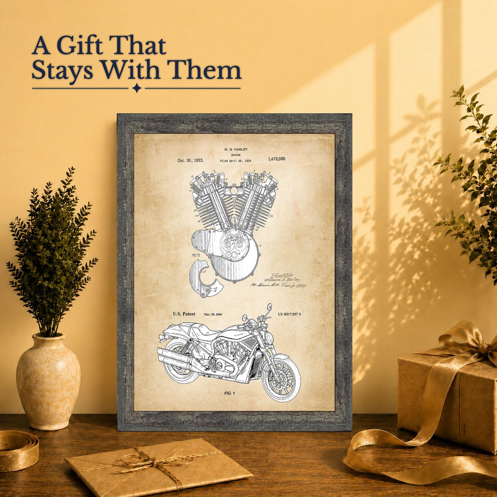 Motorcycle gift - engine patent print framed for a dad or husband