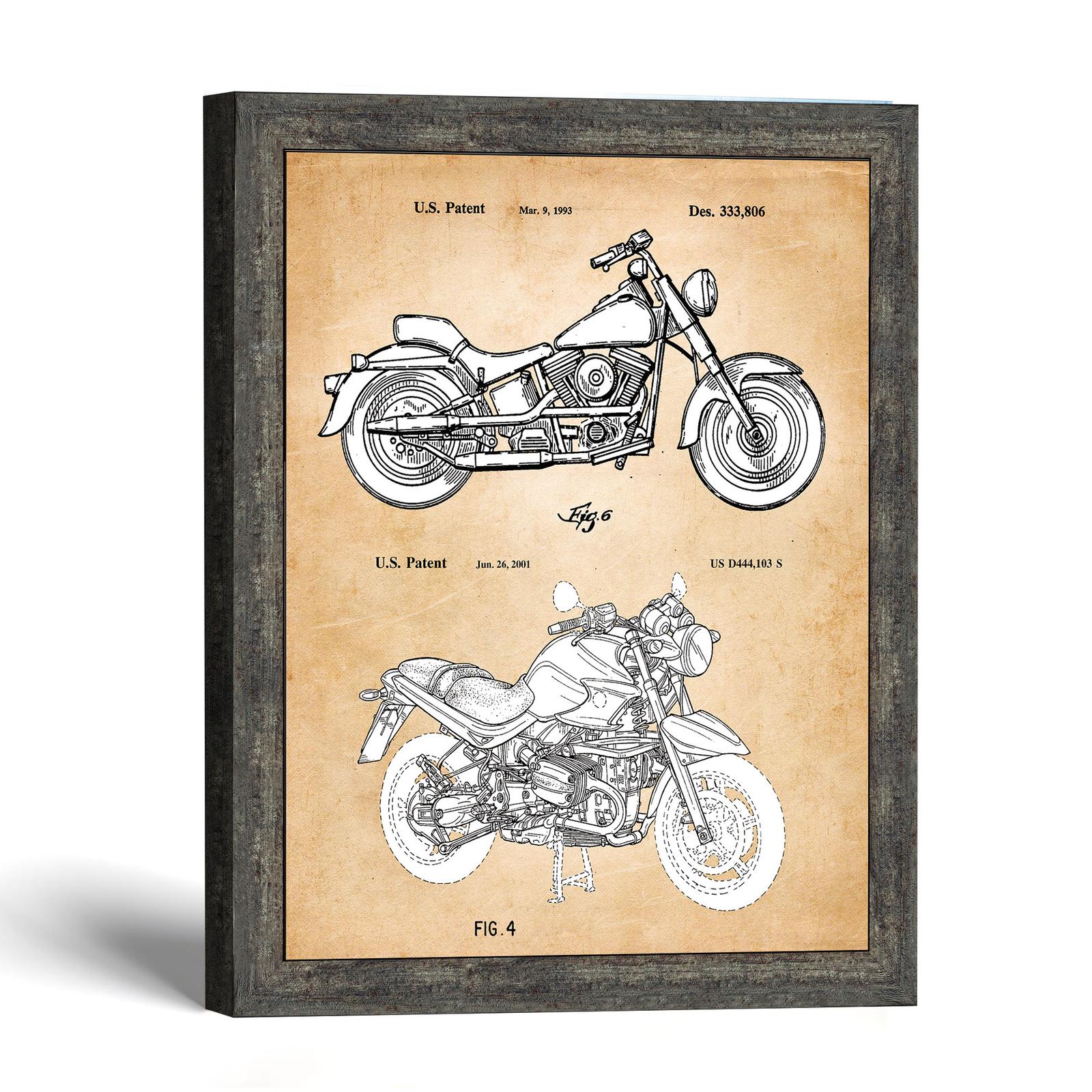 Framed motorcycle patent print - two design patents by Crossroads Home Decor