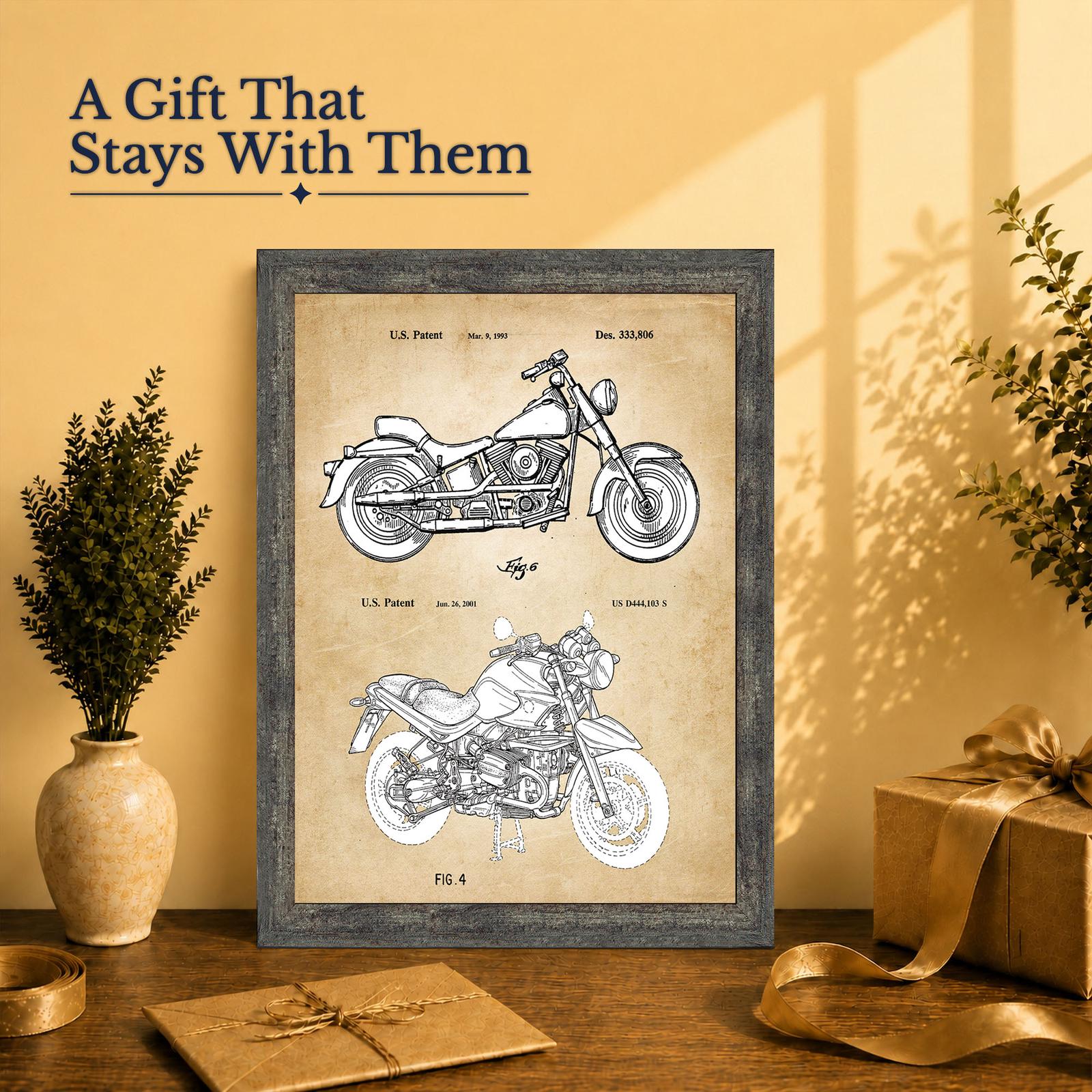 Motorcycle gift - framed patent print for a dad, husband, or brother