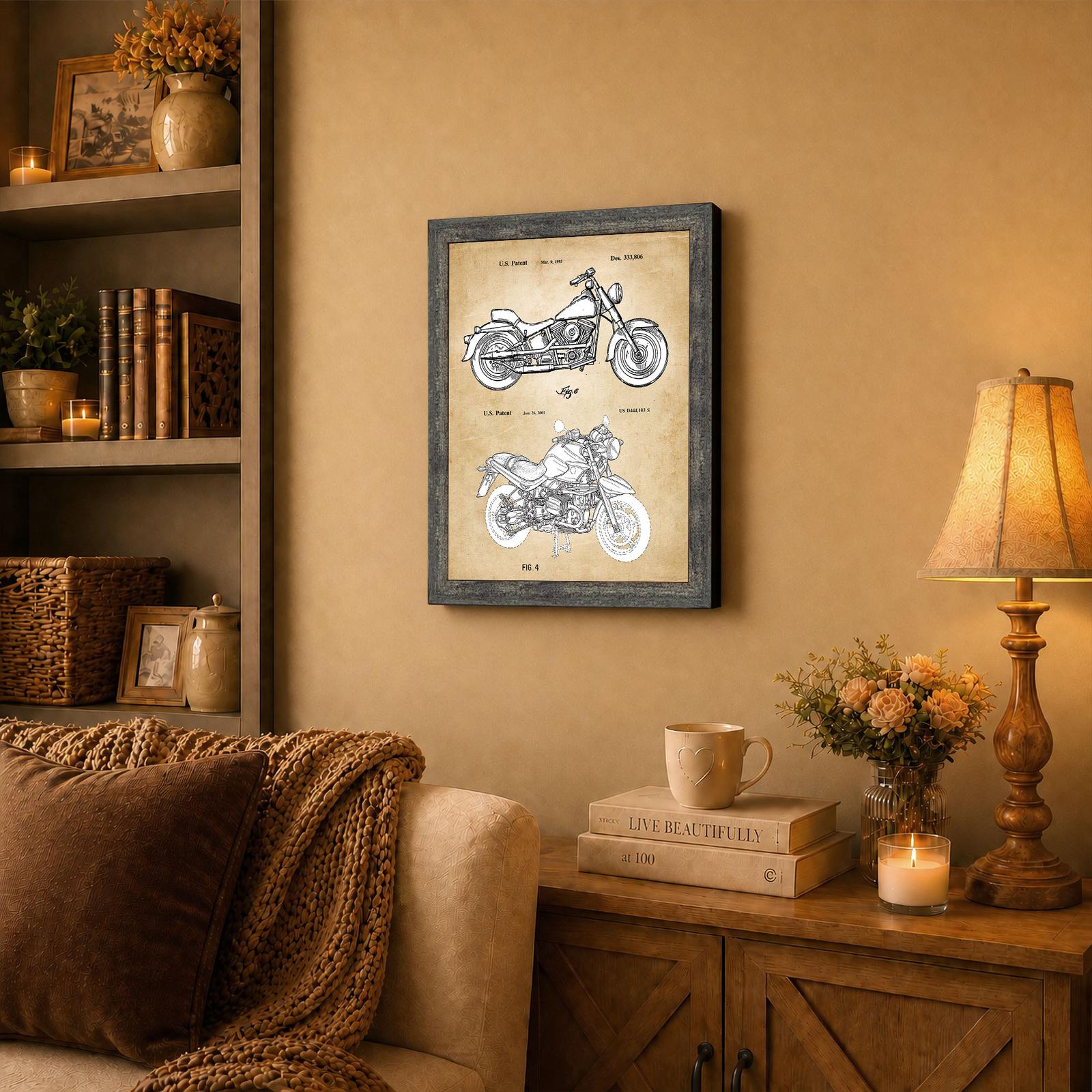 motorcycle patent piece displayed in a garage