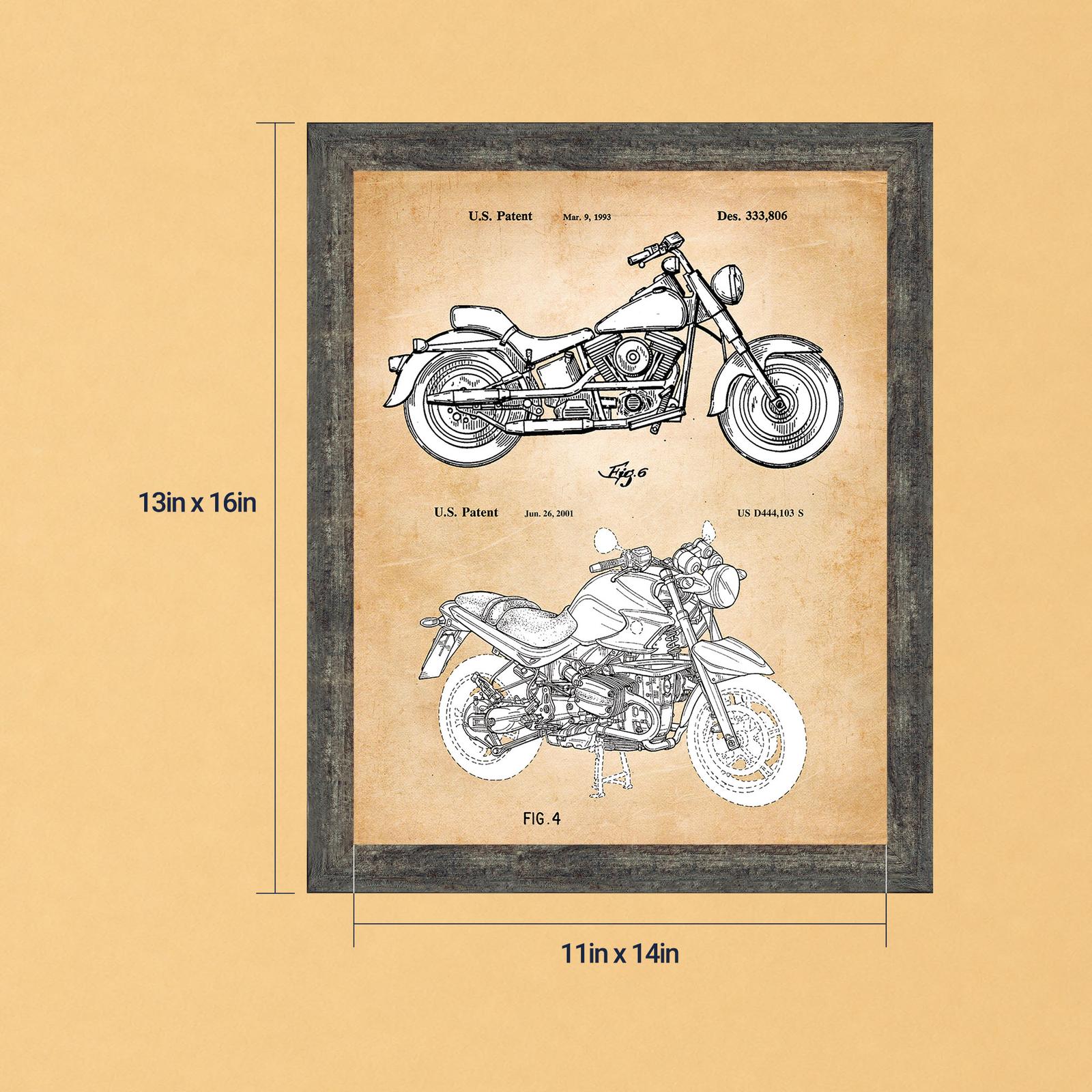 Framed motorcycle patent print - two design patents by Crossroads Home Decor