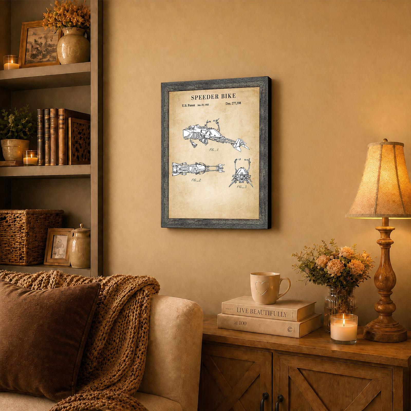 hover bike patent framed wall art displayed in an office
