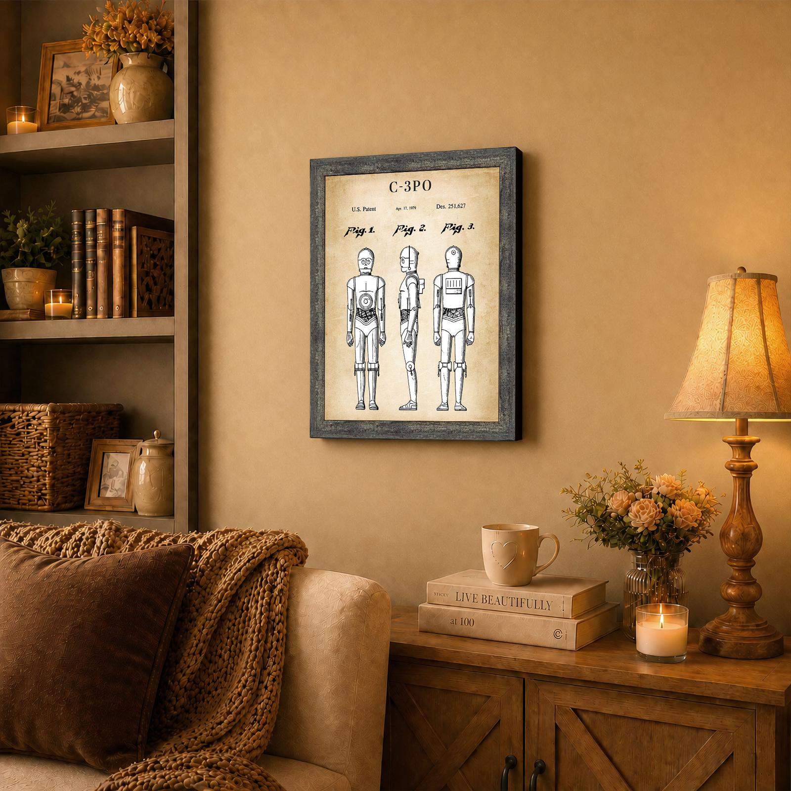 robot patent framed wall art displayed in an office