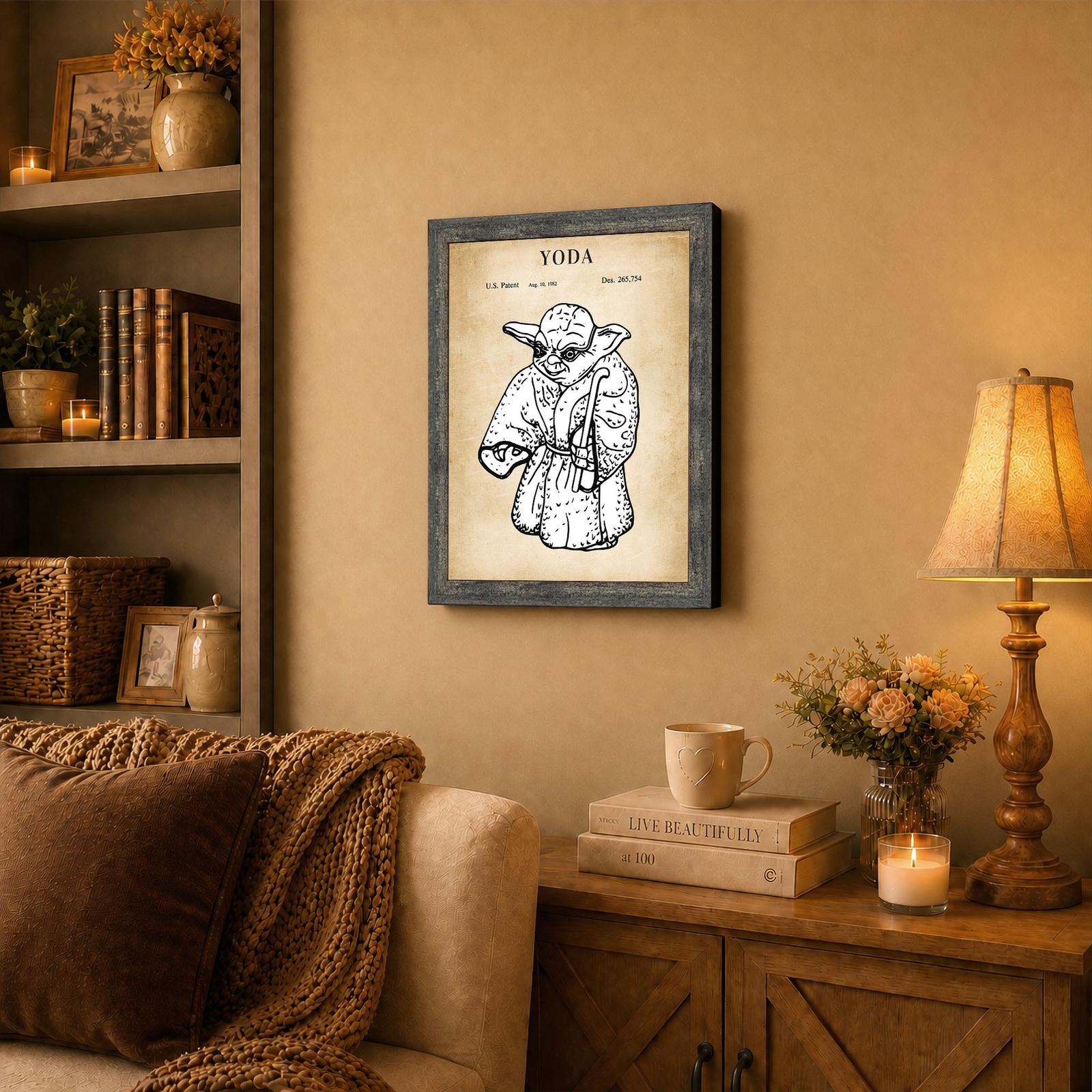 sci-fi character patent framed wall art displayed in an office