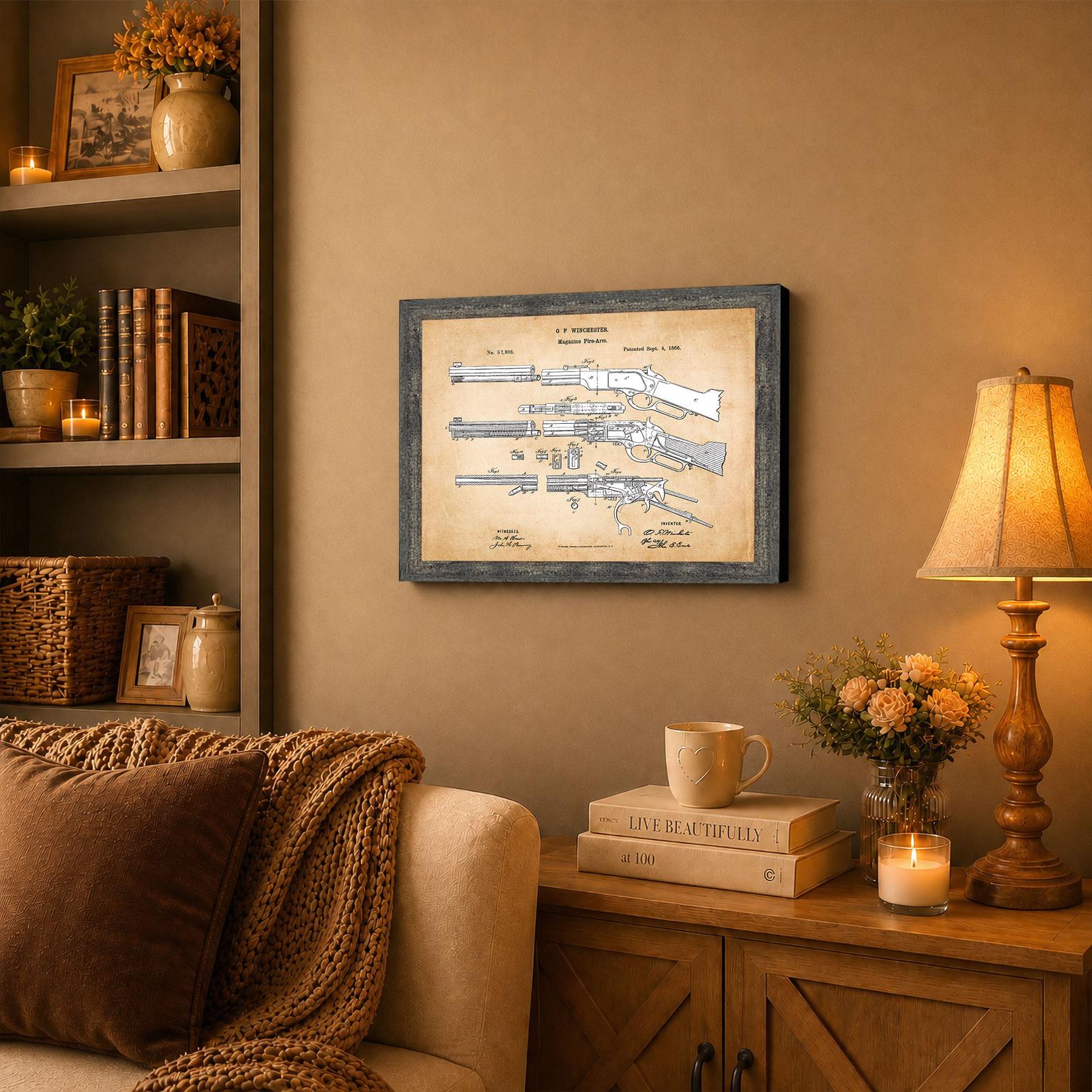 this framed patent print displayed as framed wall art in a den