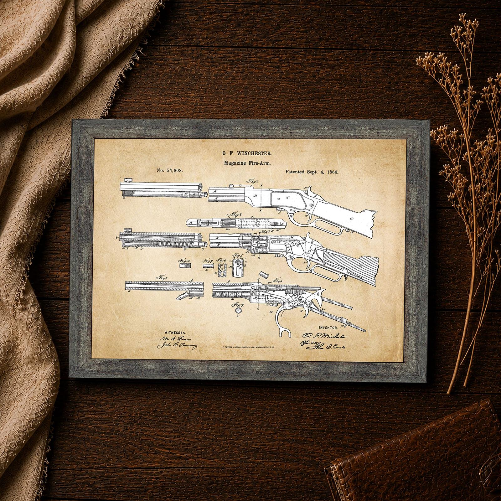 Patent number, cutaway and signatures close-up on the this framed patent print