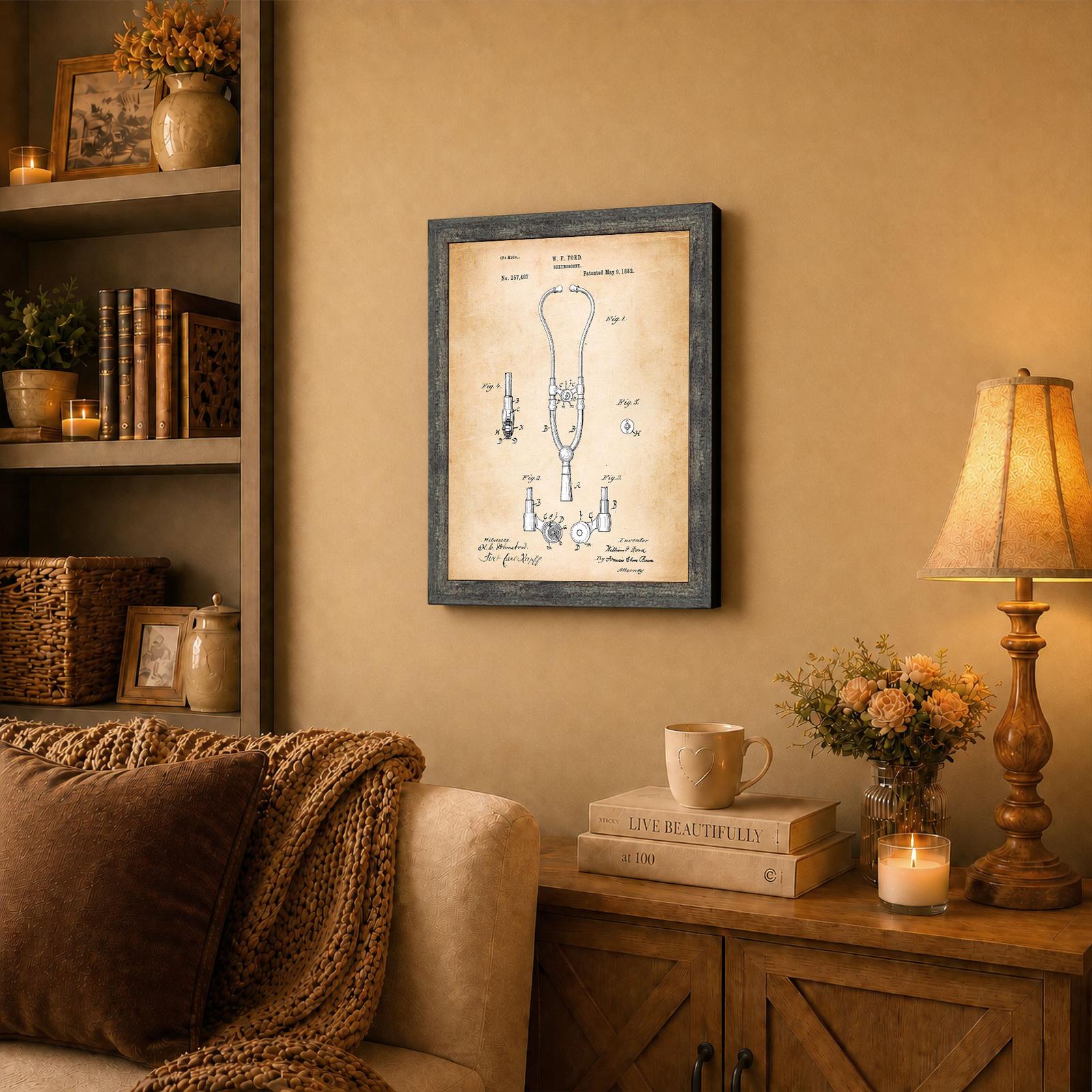 Stethoscope wall art displayed as framed print in an office