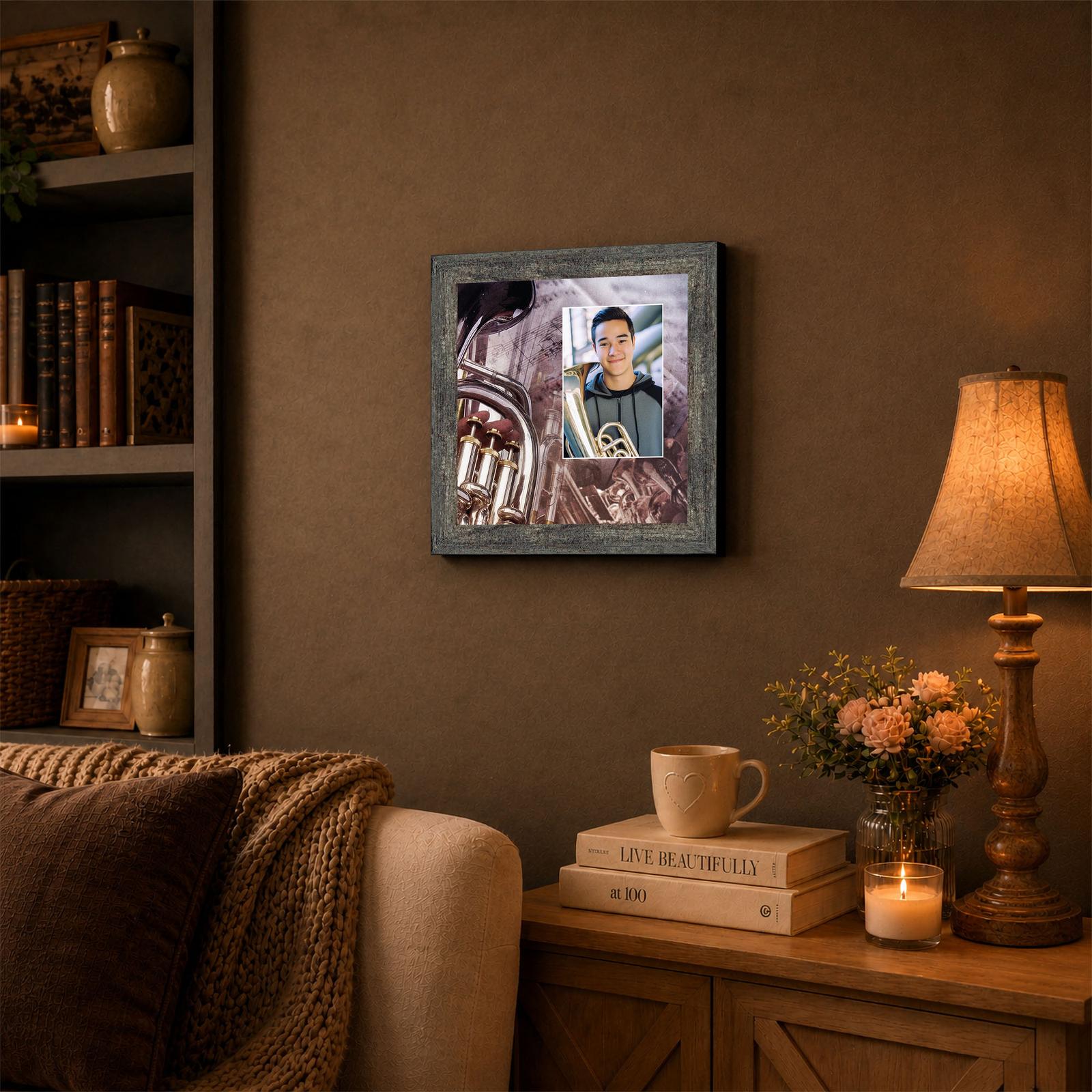 Baritone horn framed print displayed on a bedroom shelf