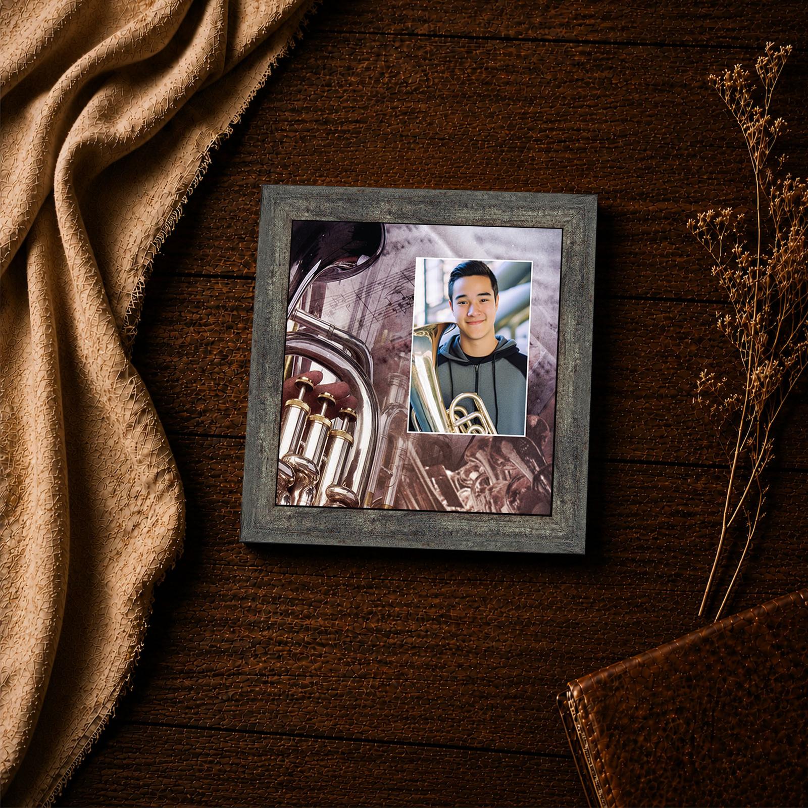 Close-up of the baritone horn and sheet music in this framed print