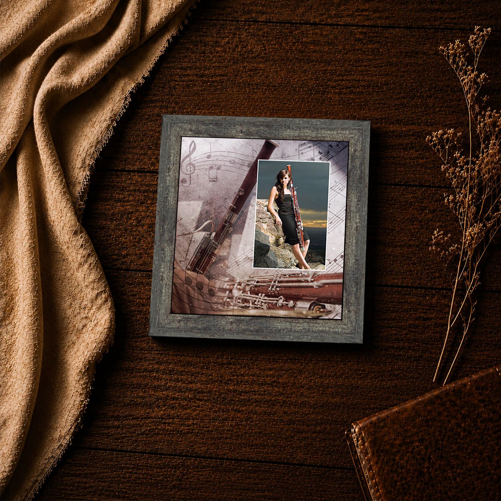 Close-up of the bassoon and sheet music in this framed print