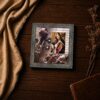 Close-up of the cello scroll and manuscript in this framed print