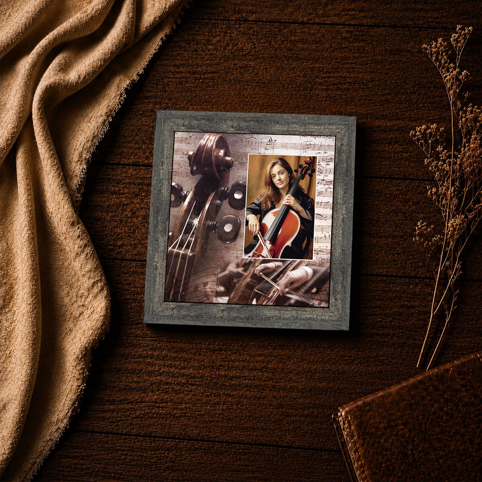 Close-up of the cello scroll and manuscript in this framed print