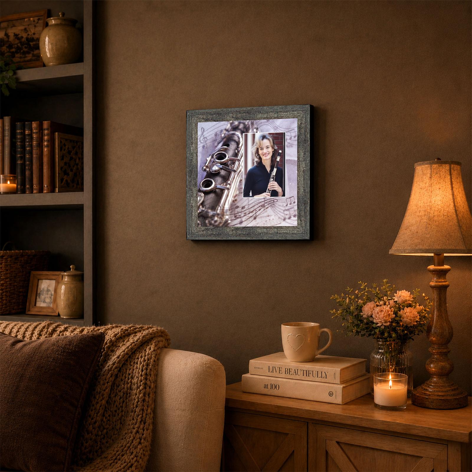 Clarinet framed wall art displayed in a music room