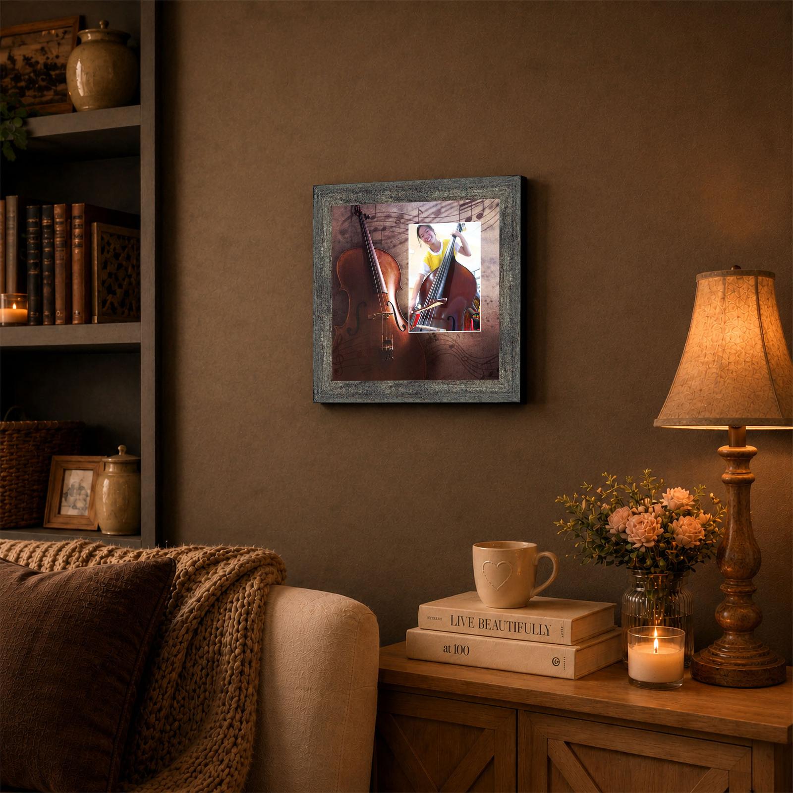 Double bass framed print displayed in a practice room