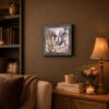 Saxophone framed print displayed on a bedroom shelf
