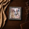 Close-up of the saxophone bell and sheet music in this framed print