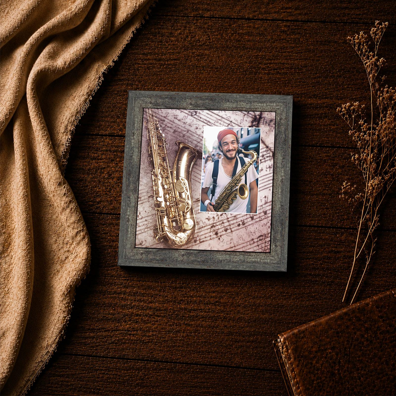 Close-up of the saxophone bell and sheet music in this framed print