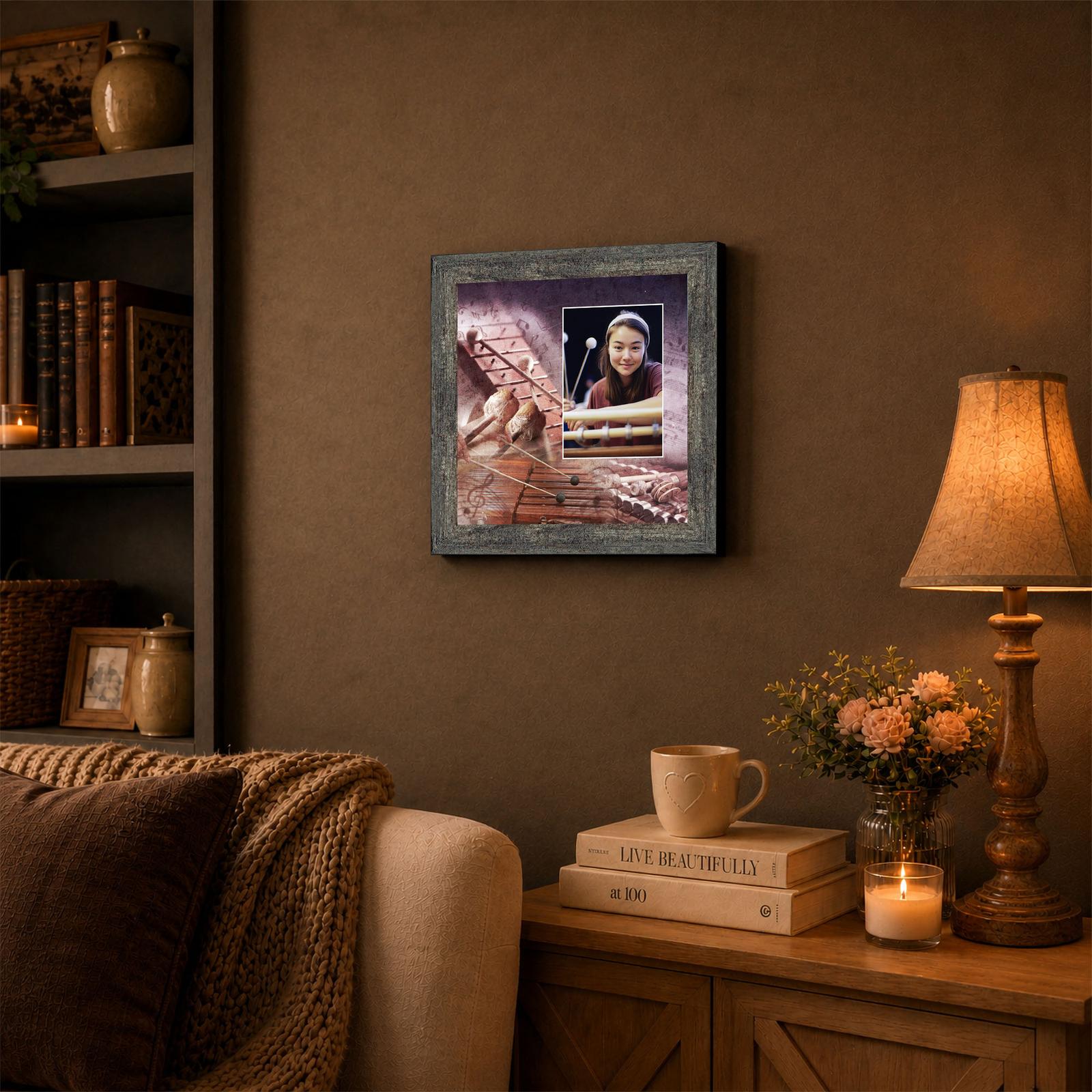 Percussion framed print displayed in a band room