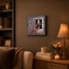 Flute player framed print displayed on a bedroom shelf