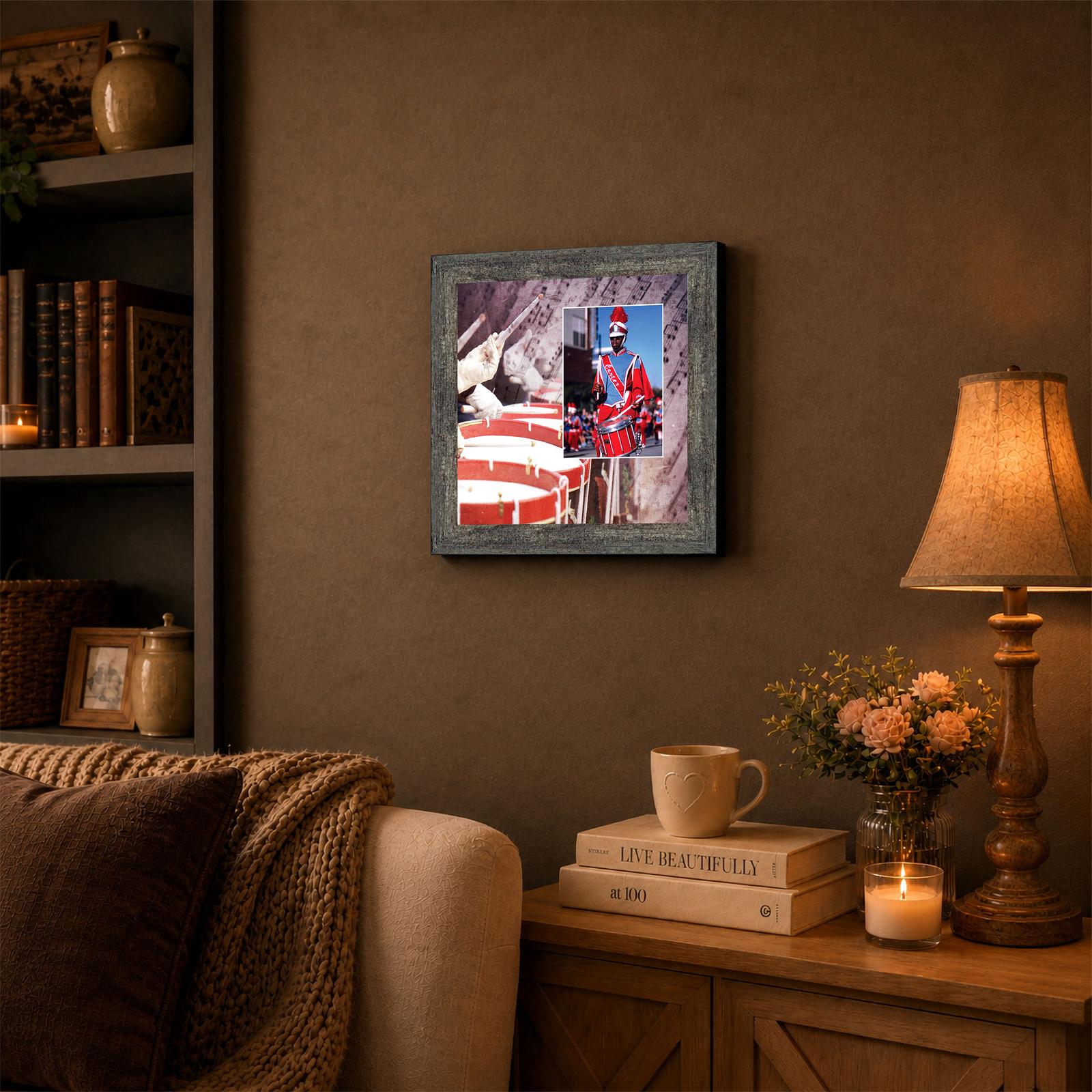 Drum Line framed wall art displayed in a band room