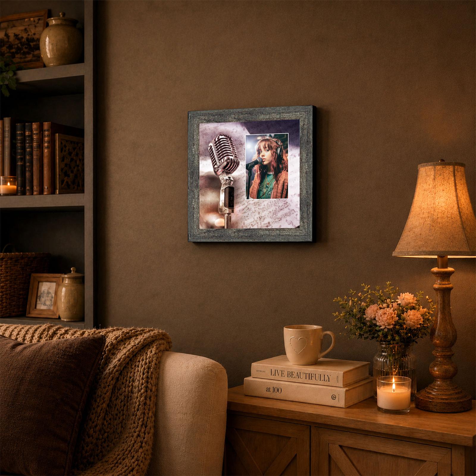 Singer framed wall art displayed in a music room