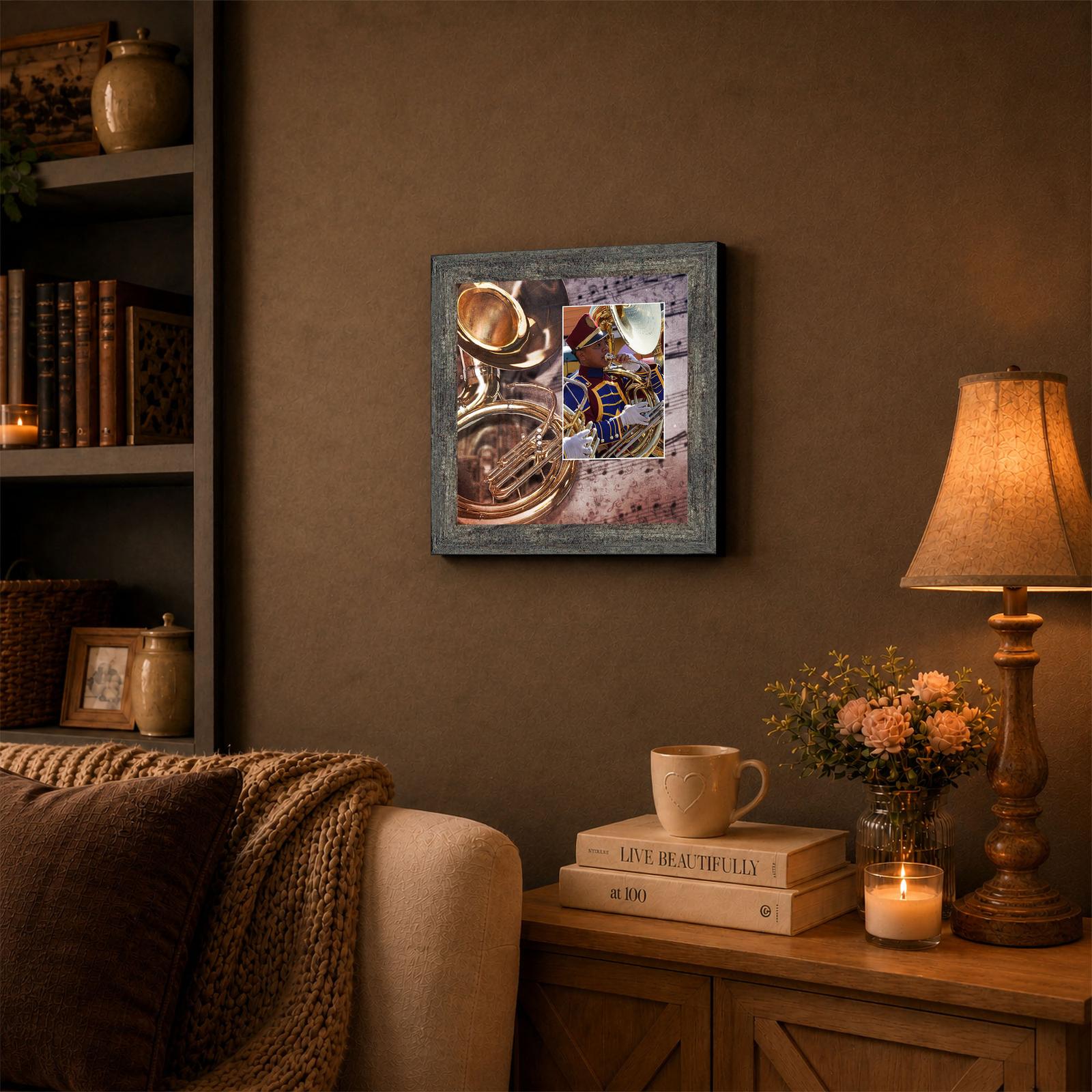 Tuba framed wall art displayed in a band room