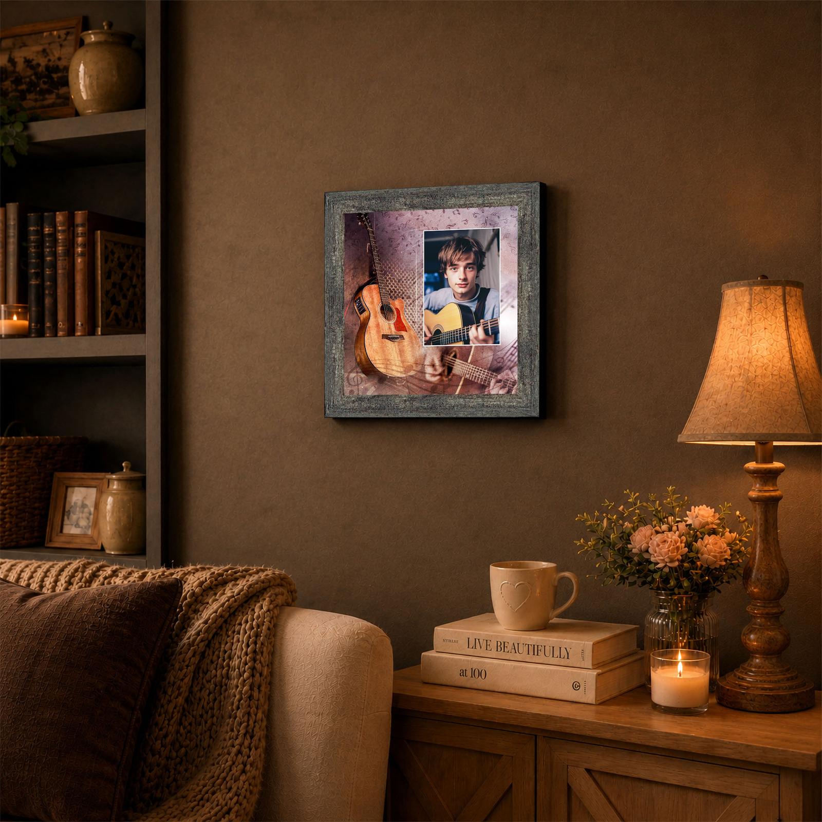 Acoustic Guitar framed wall art displayed in a music studio