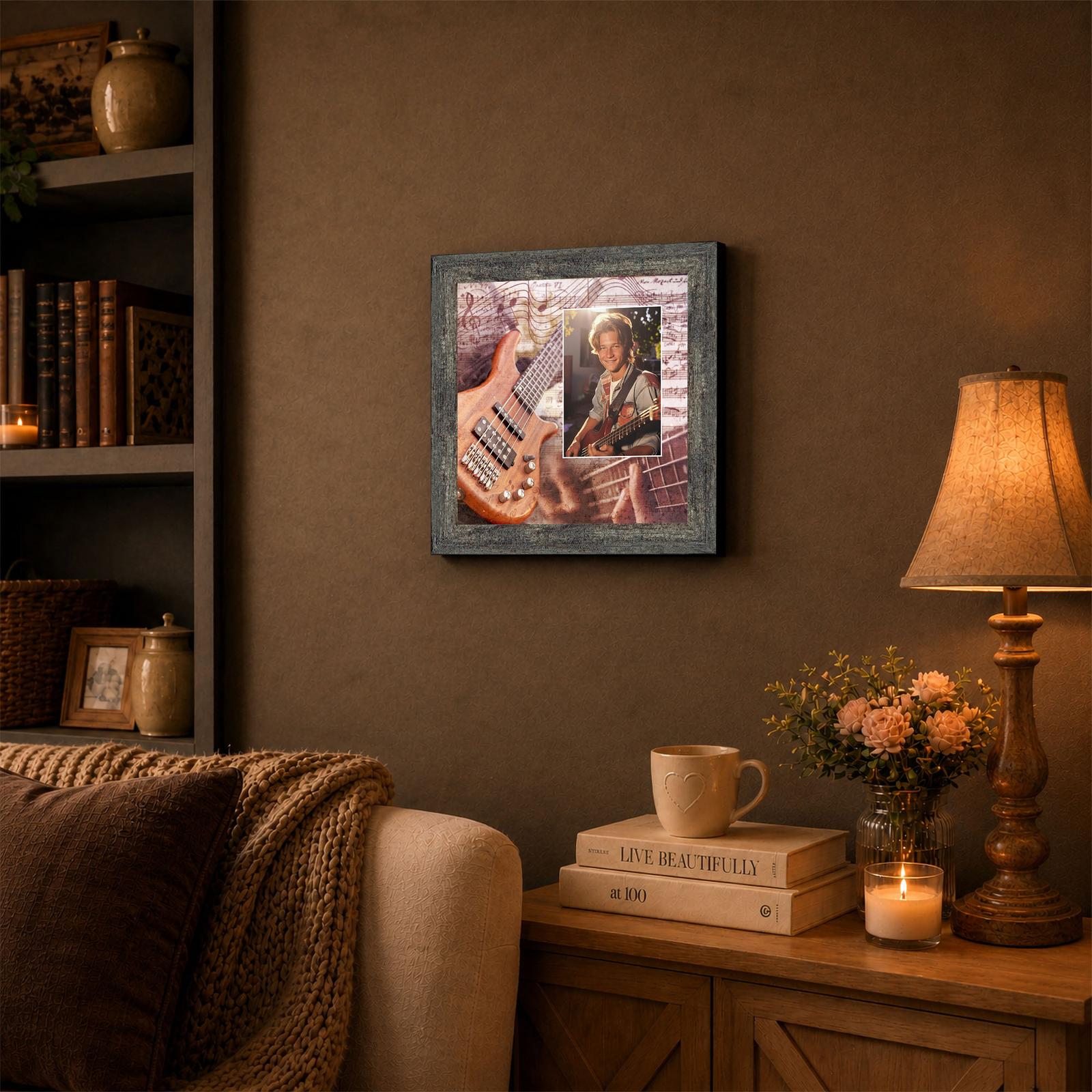 Bass Guitar framed wall art displayed in a music studio