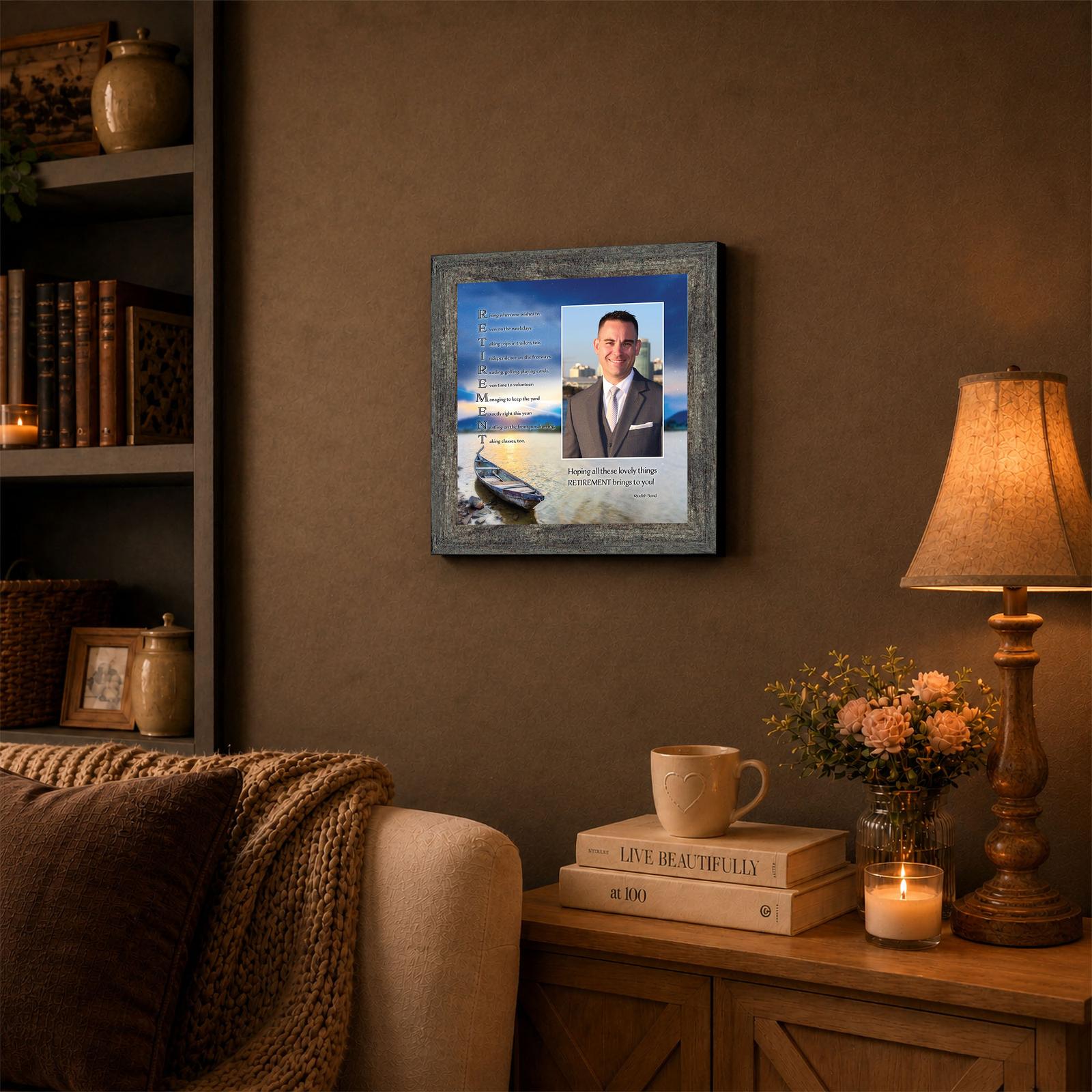 Retirement framed wall art displayed on a home office shelf