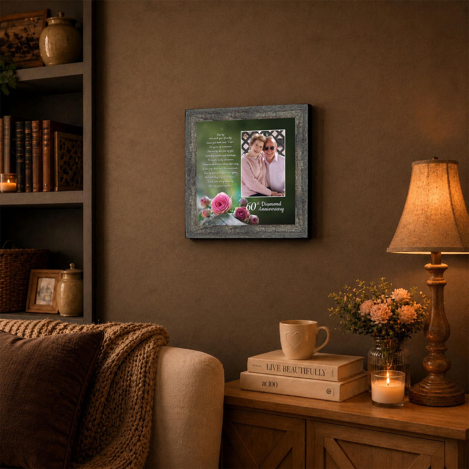60th Diamond Anniversary framed wall art displayed in living room