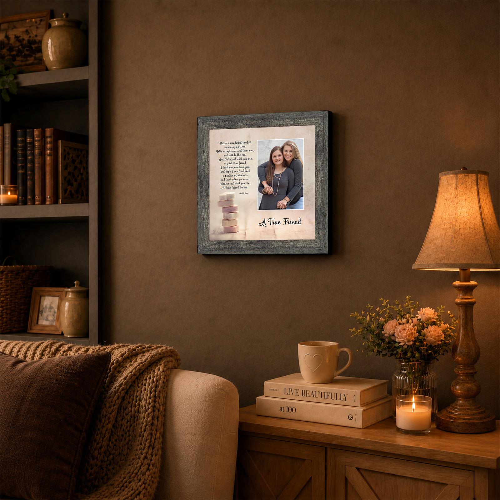 A True Friend framed wall art displayed on a shelf