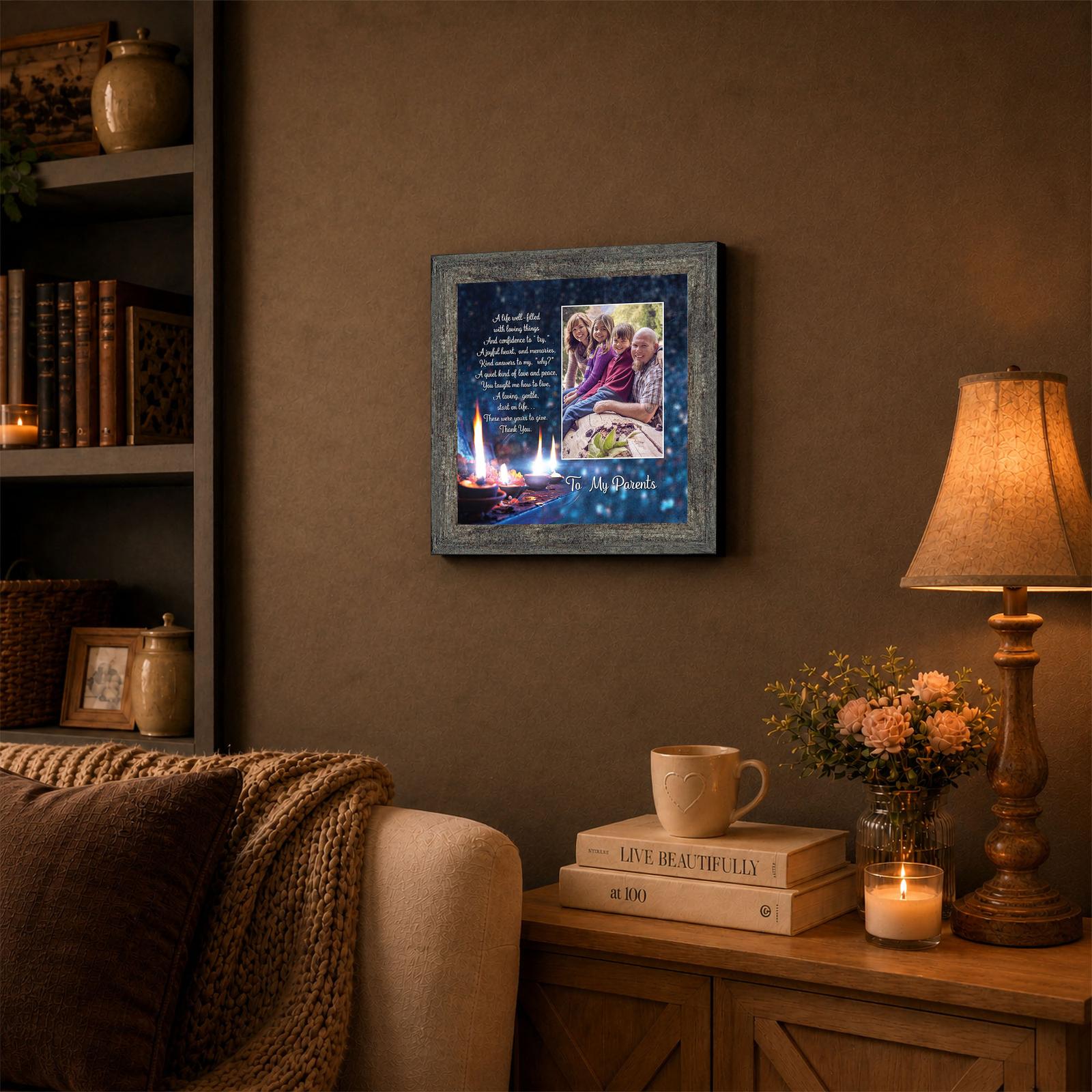 To My Parents framed print displayed on a kitchen counter