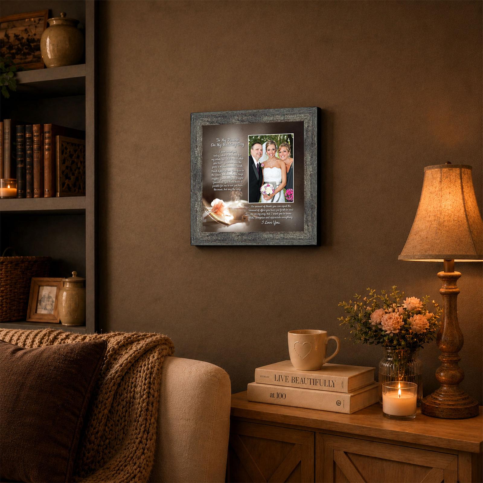 Wedding photo frame for parents displayed on an entryway table