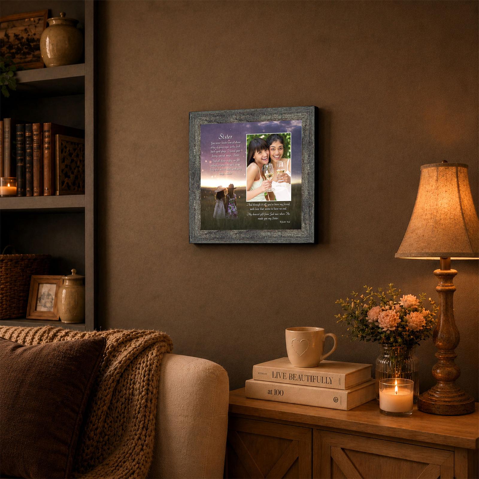 Sister framed wall art displayed in a bedroom