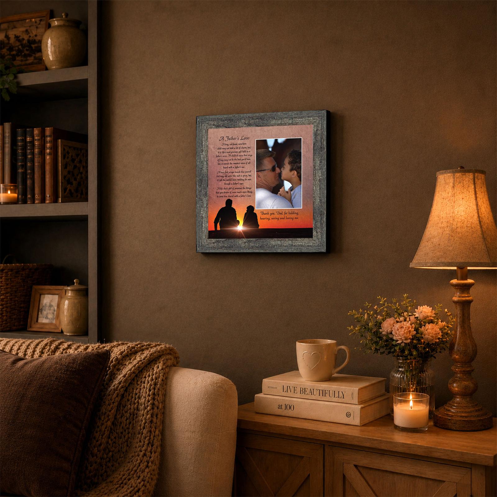 6331BW-3 A Father's Love framed poem displayed on a living room shelf