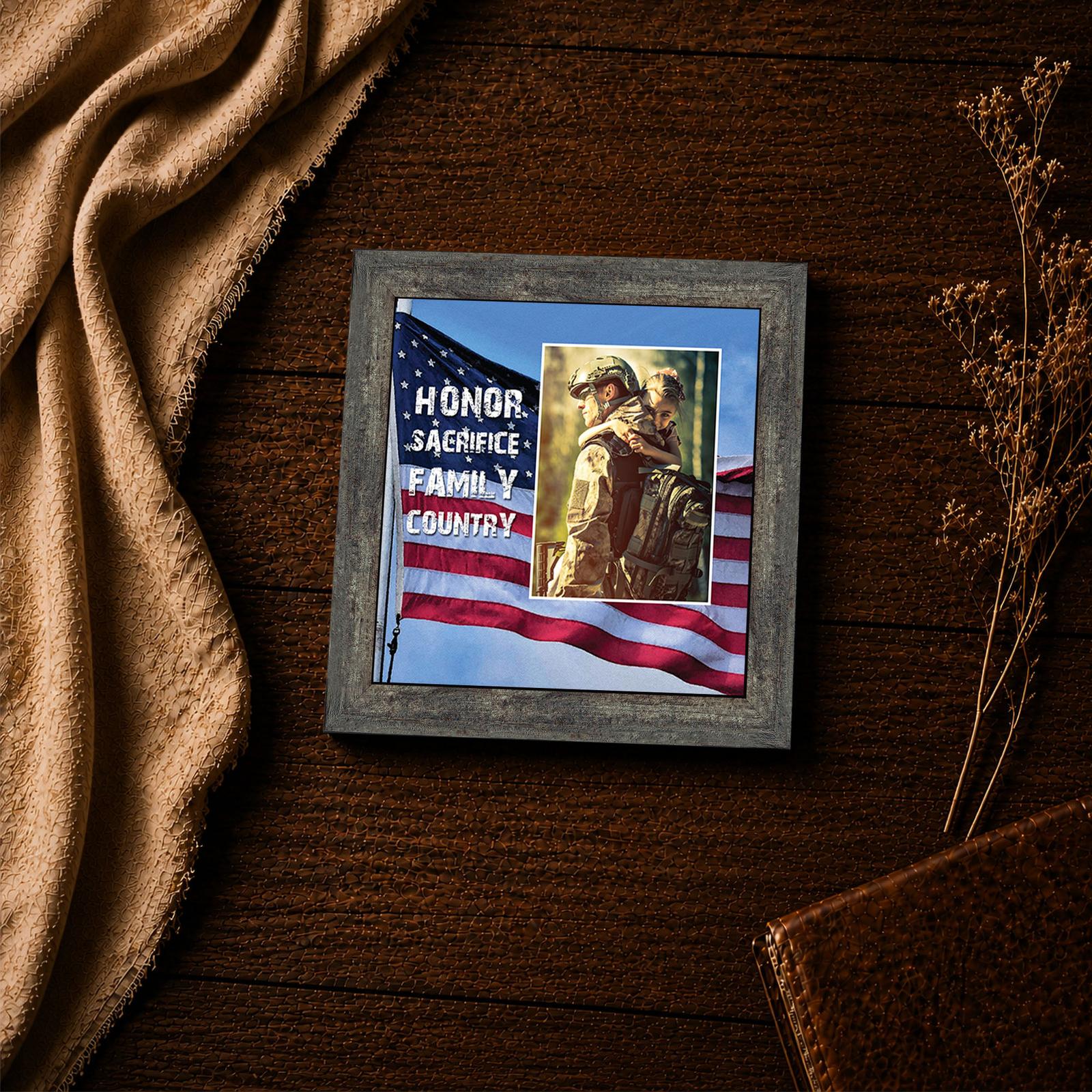 Close-up of the stenciled Honor, Sacrifice, Family, Country lettering on the flag