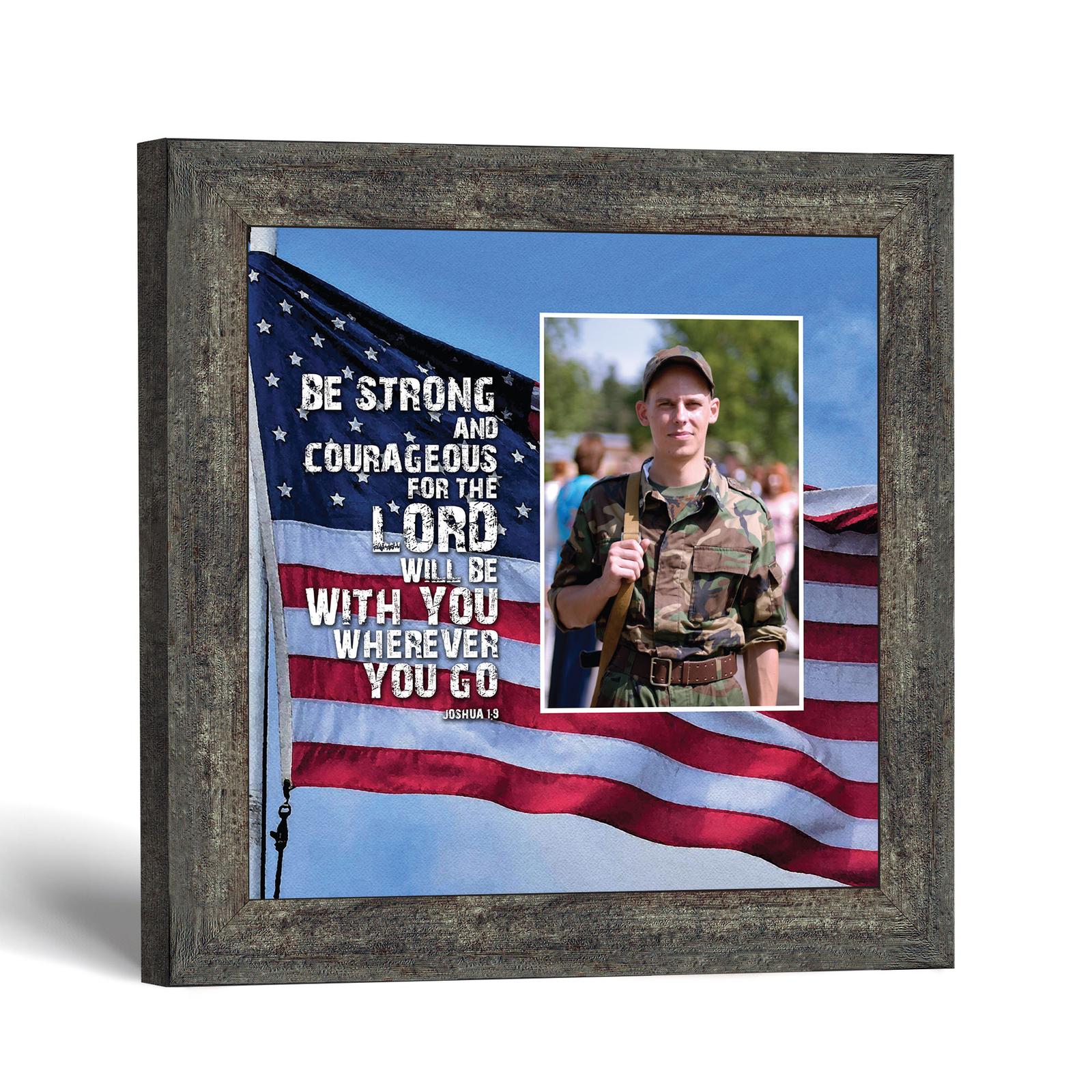 Be Strong and Courageous picture frame with photo opening - Joshua 1:9 by Crossroads Home Decor