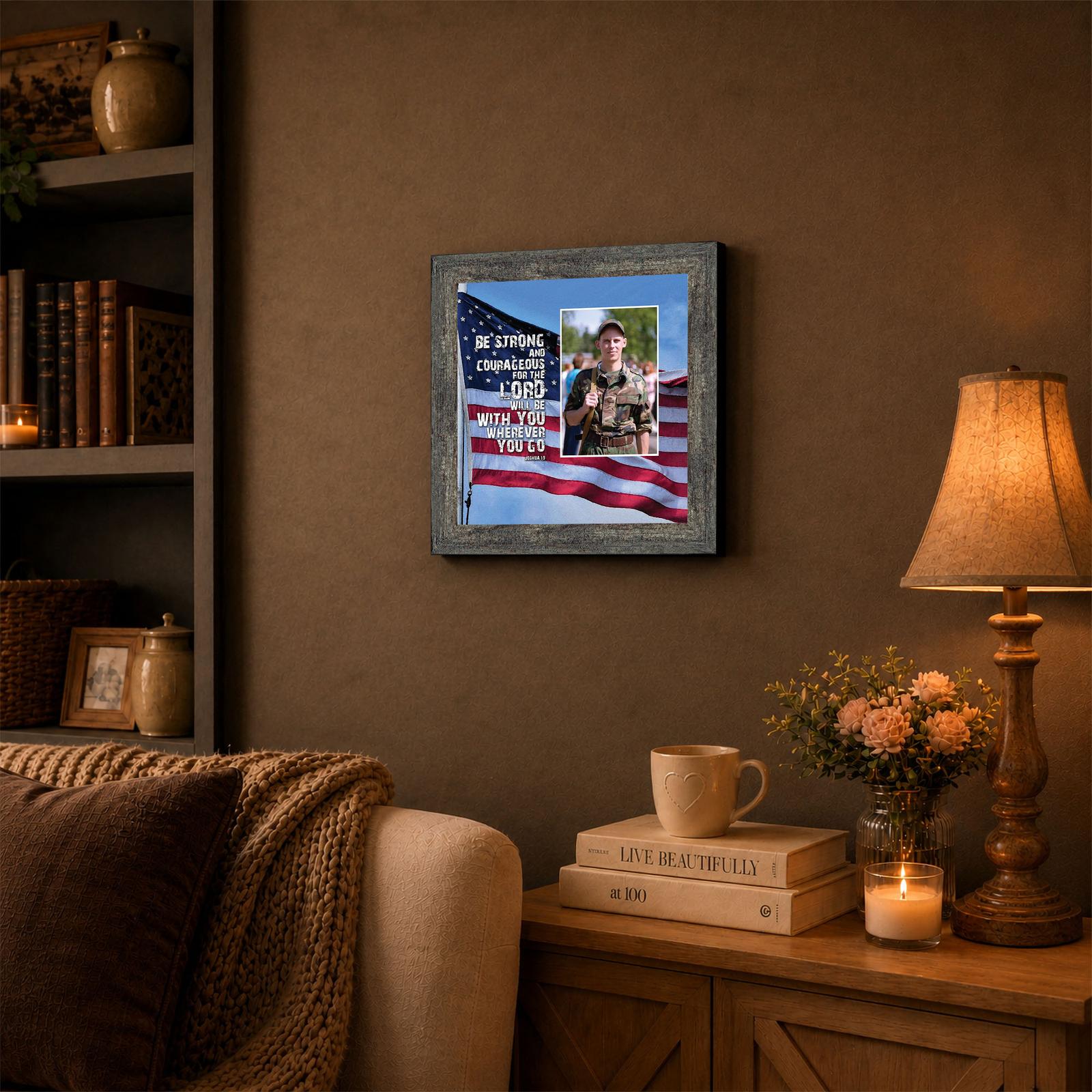 Be Strong and Courageous framed keepsake displayed on a home office shelf