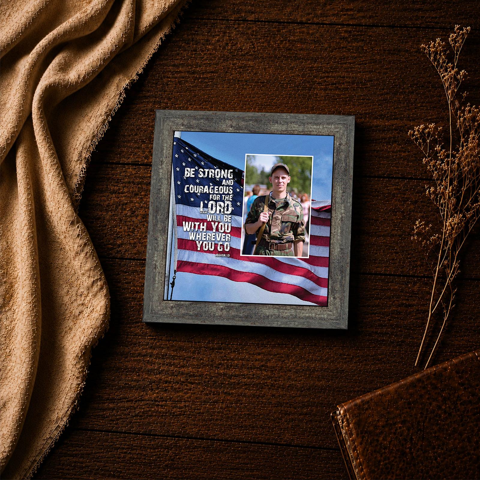 Joshua 1:9 photo frame closeup - Be Strong and Courageous lettering and flag design