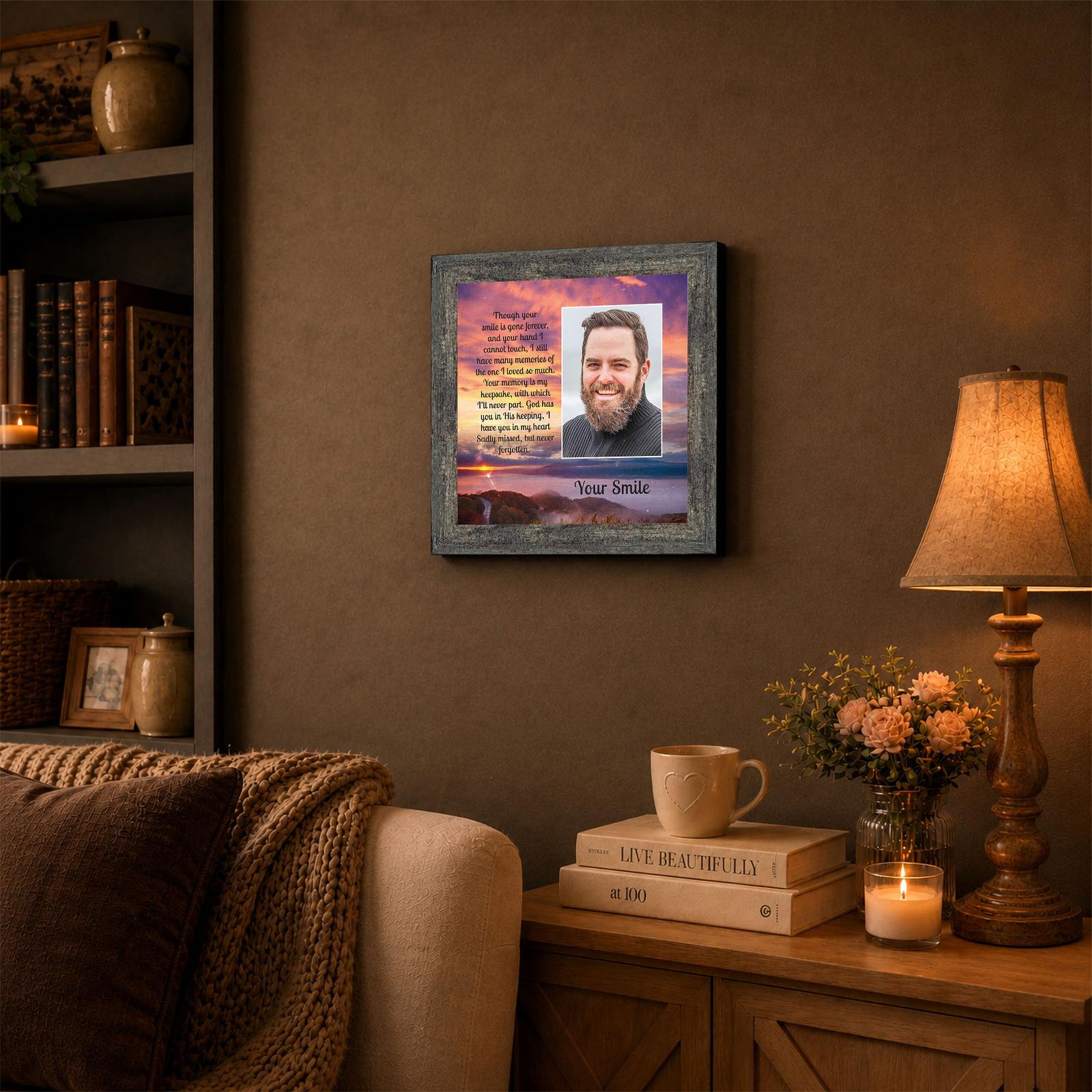 Your Smile memorial framed wall art displayed on a living room mantel