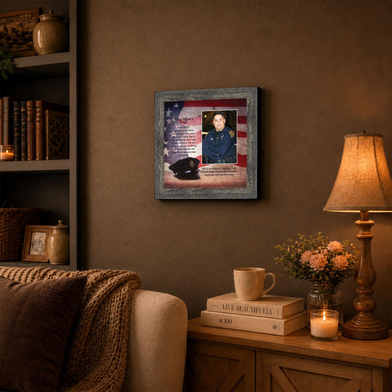 Policeman's Prayer framed wall art in a home office