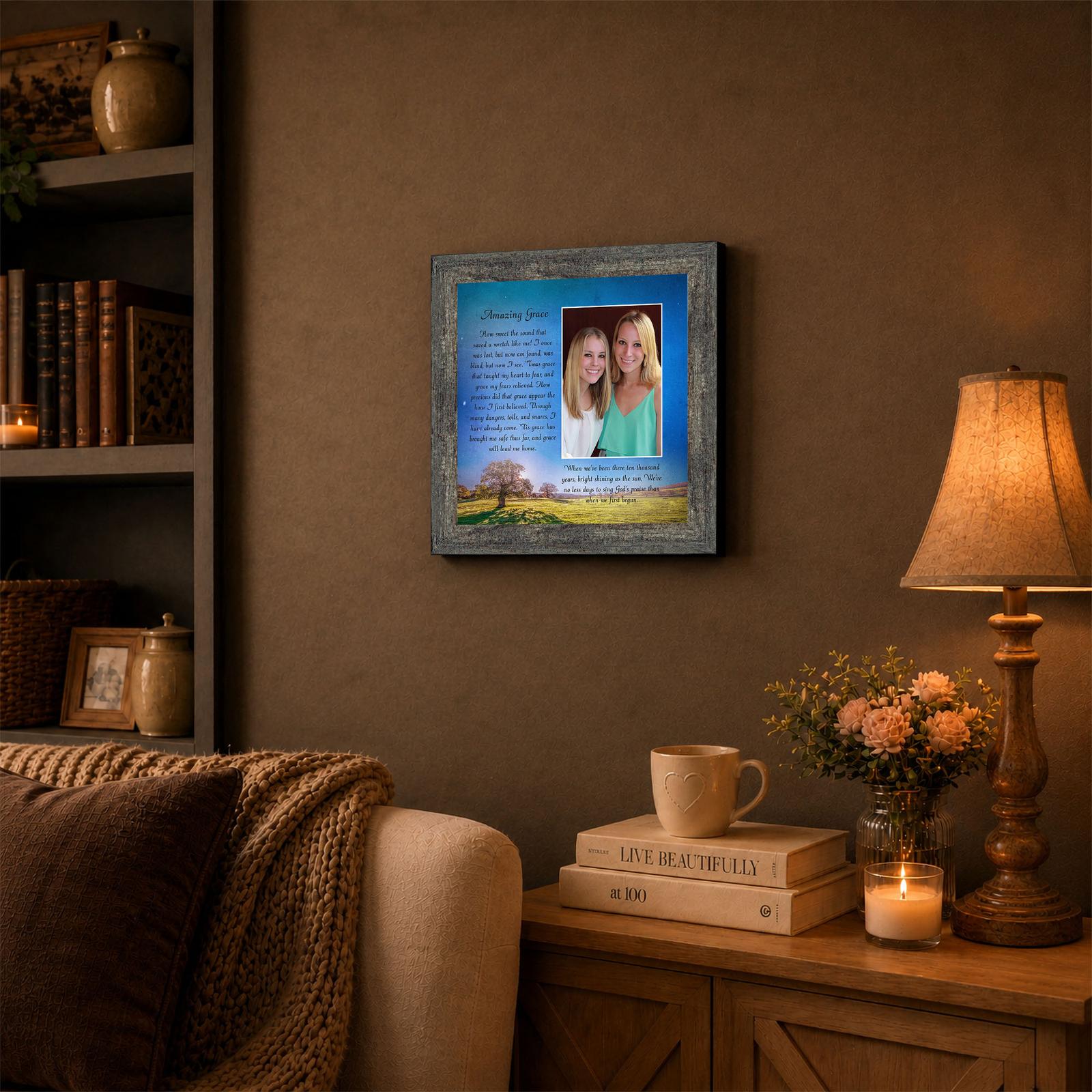 Amazing Grace framed wall art displayed in living room
