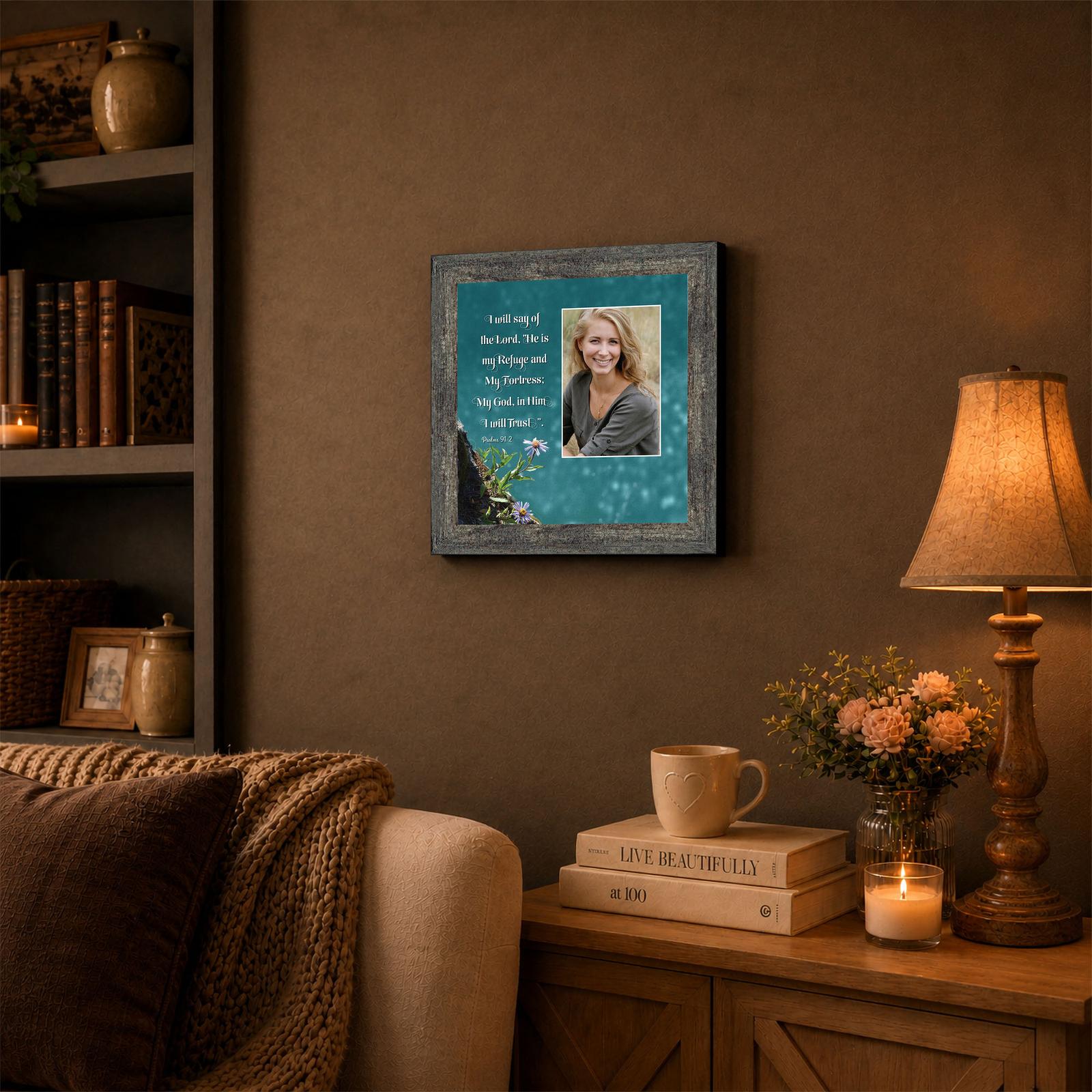 Psalm 91 framed photo keepsake displayed on a bedroom shelf