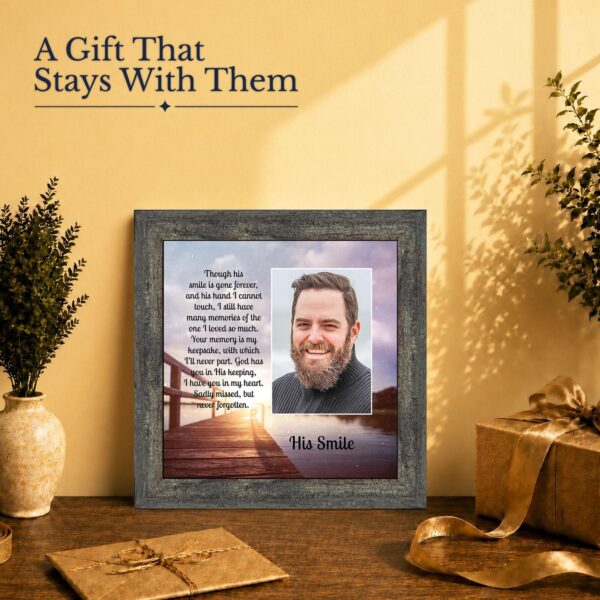 His Smile memorial gift - framed print with photo opening for loss of a father or husband