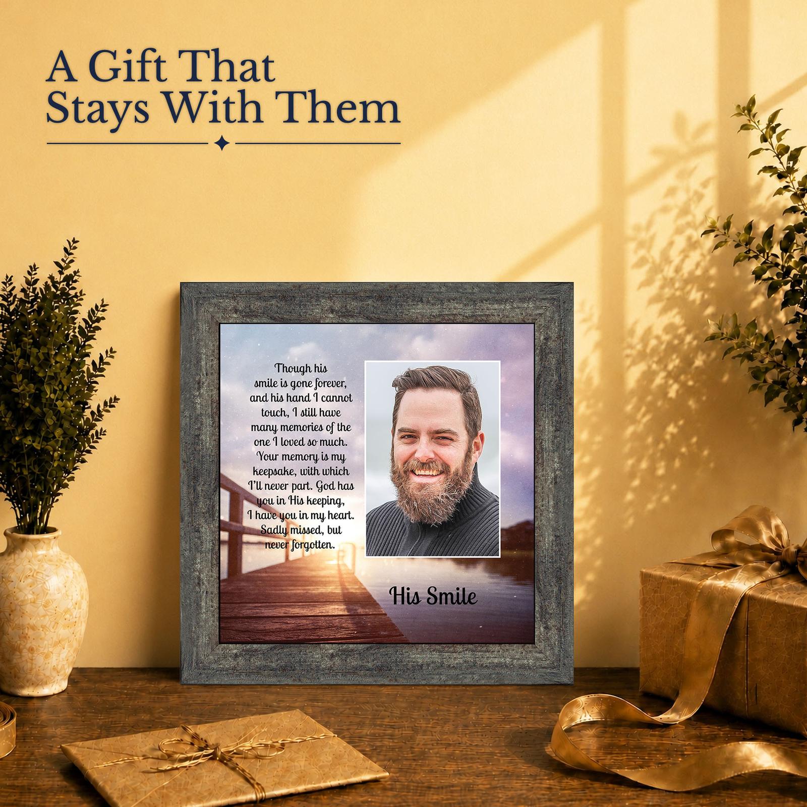 His Smile memorial gift - framed print with photo opening for loss of a father or husband