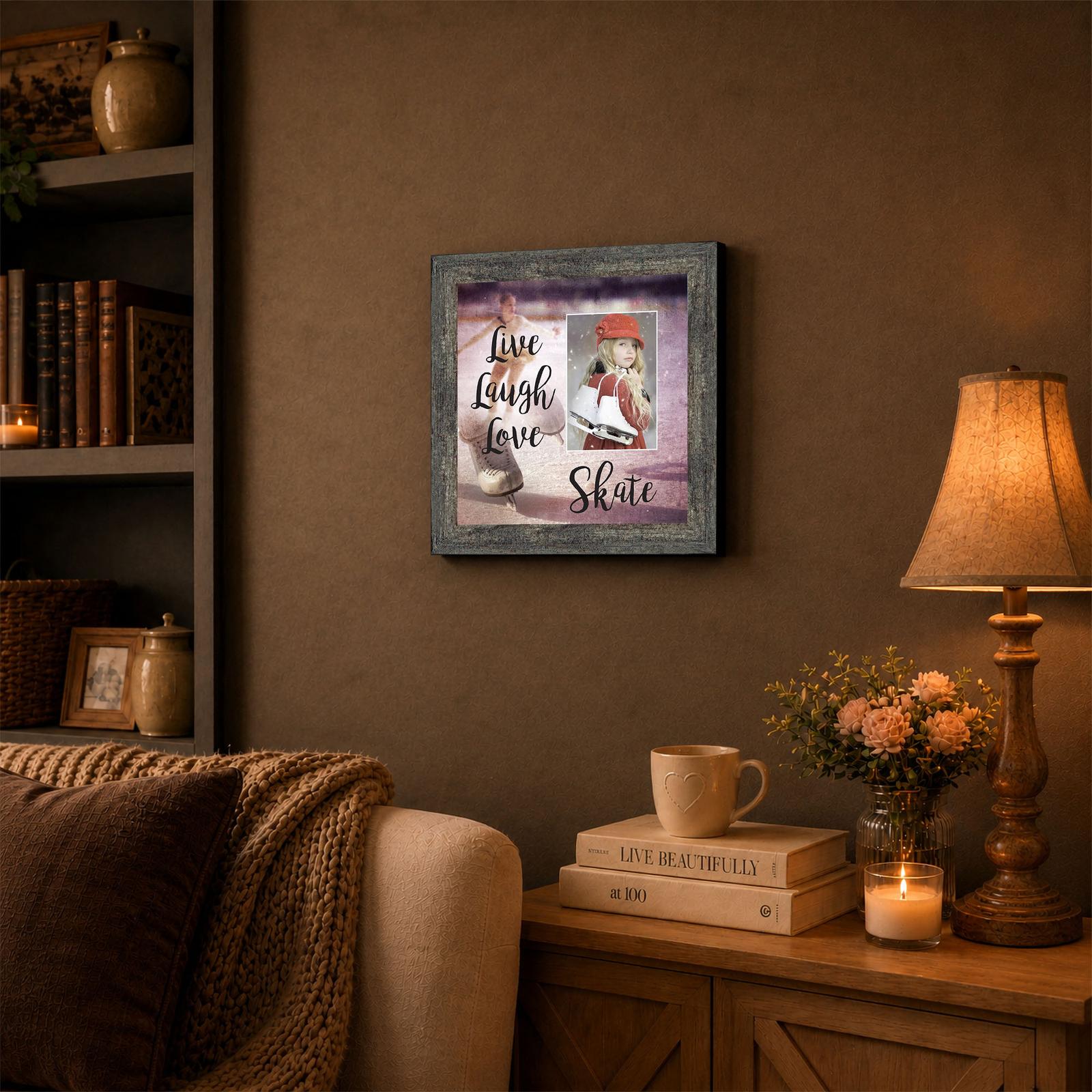 Live Laugh Love Skate framed wall art displayed in a girl's bedroom