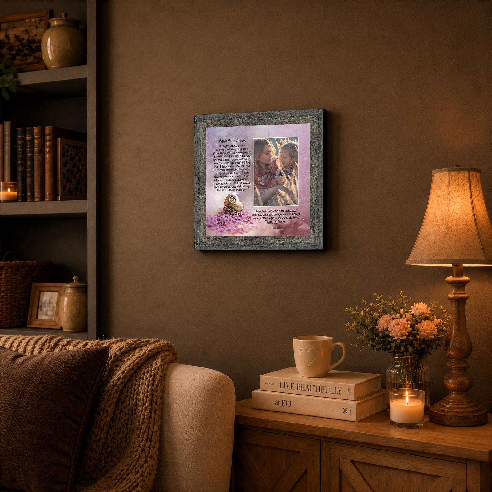 What Mom Took framed wall art displayed in a living room