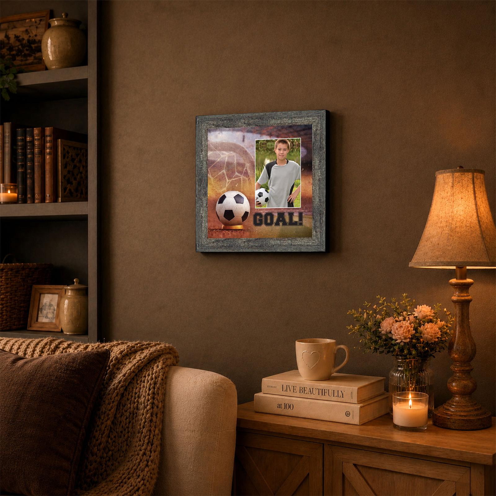 Soccer framed wall art displayed in a kids bedroom