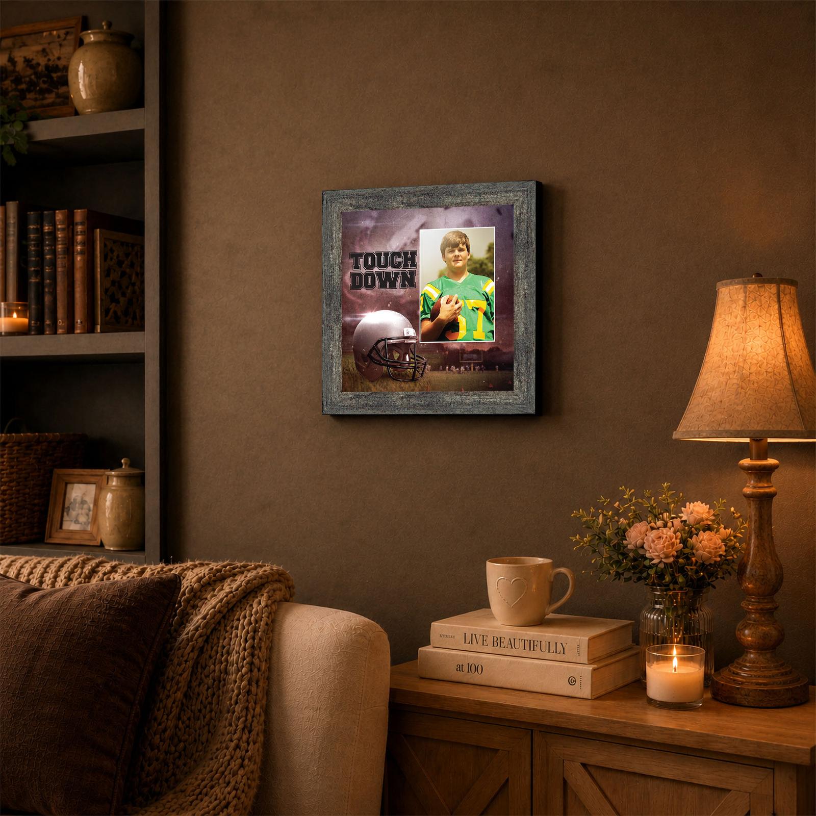 Football picture frame displayed in a boys bedroom