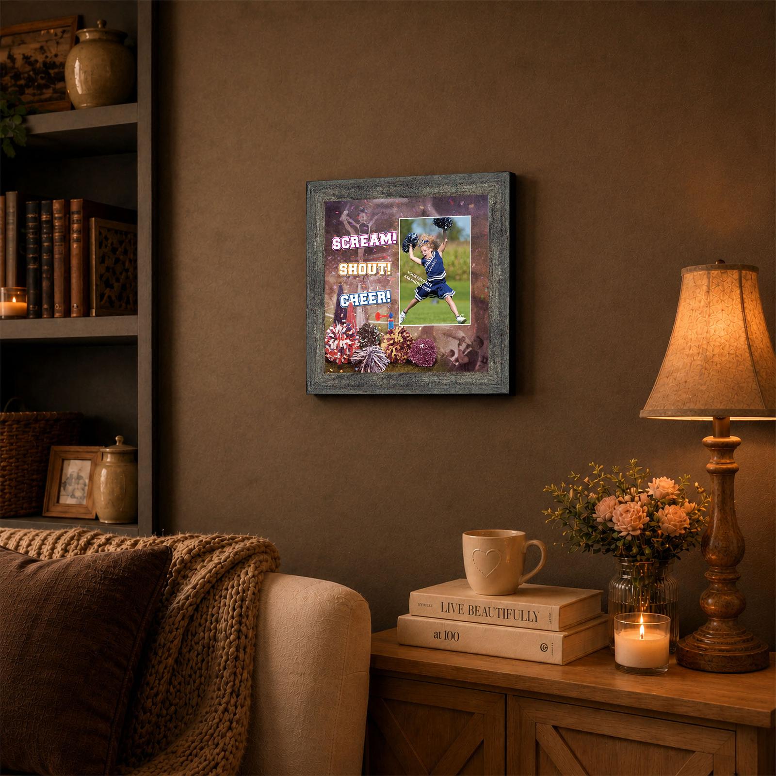 Cheerleading picture frame displayed on a bedroom shelf